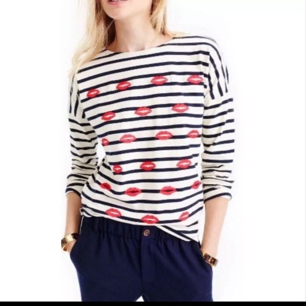 J.CREW Embroidered Kiss Striped Long Sleeve striped T-Shirt